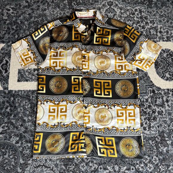 Mens Black Gold versa style Dress Shirt Luxury Baroque Print Casual S/S Size M - Picture 1 of 4